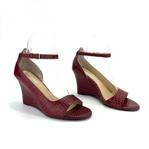 Anthropologie/Farylrobin D'Orsay Wedge Sandal Sz 7 Red Leather Embossed Open-Toe